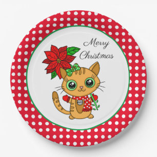 Merry Christmas   Orange Cat with Poinsettia    Paper Plate