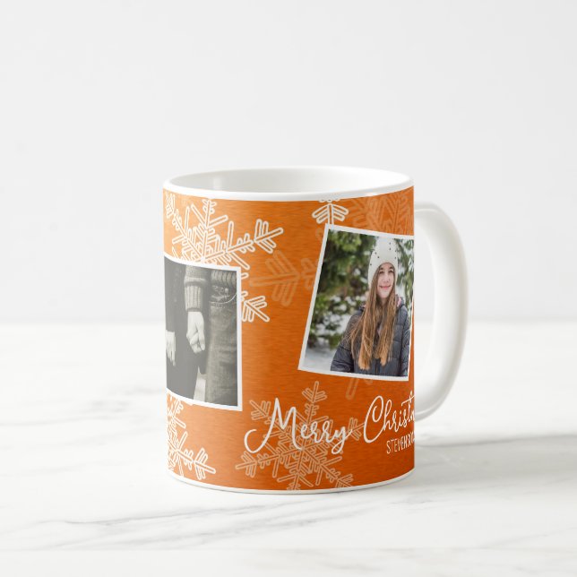 Merry Christmas Orange Snowflakes Photo Collage  Coffee Mug (Front Right)