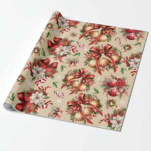 Merry Christmas Ornament Holly Berries Poinsettia  Wrapping Paper