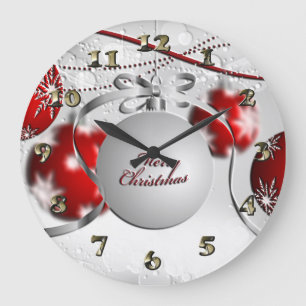 Merry Christmas Ornament in Silver and Red Large Clock