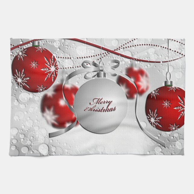 Merry Christmas Ornament in Silver and Red Tea Towel (Horizontal)