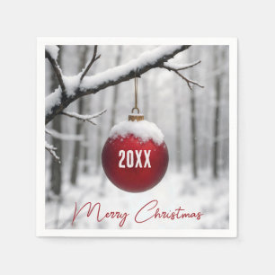 Merry Christmas Ornament On Snowy Branch Napkin