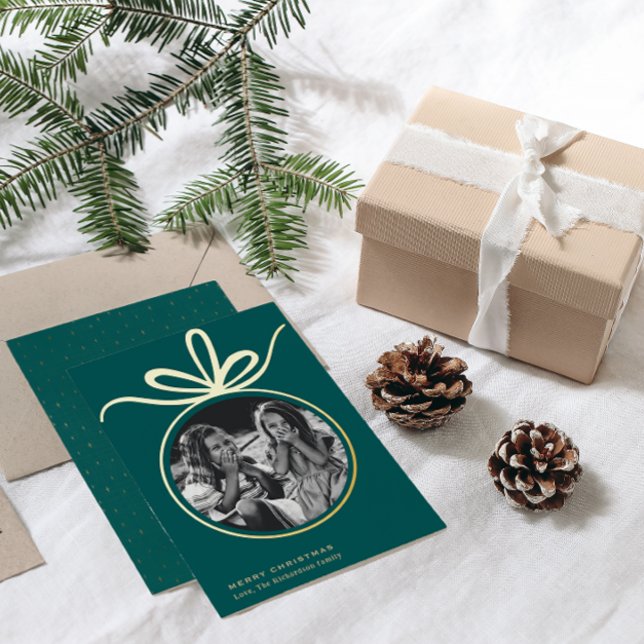 Merry Christmas Ornament Photo  Foil Holiday Card (Creator Uploaded)