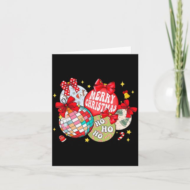 Merry Christmas Ornaments Disco Ball Coquette Bow  Card (Front)