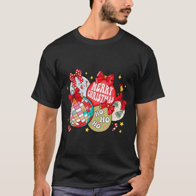 Merry Christmas Ornaments Disco Ball Coquette Bow  T-Shirt (Front)