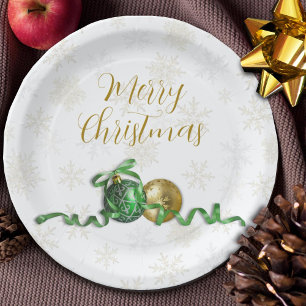 Merry Christmas Ornaments Gold Holiday Party Paper Plate