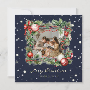 Merry Christmas Ornaments Holly Wreath Blue Photo  Holiday Card