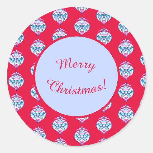 Merry Christmas ornaments on bright red  Classic Round Sticker (Front)