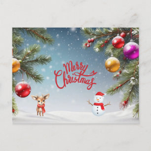 Merry Christmas Ornaments, Snowman, Reindeer Holiday Postcard