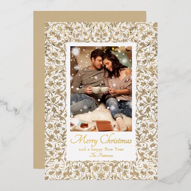 Merry Christmas Ornate Floral Photo Foil Holiday Card (Front/Back)