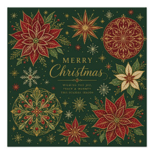 Merry Christmas Ornate Poinsettia Mandala Poster