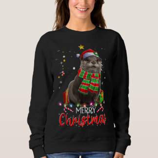 Merry Christmas Otter Santa Hat Tree Lights Pajama Sweatshirt