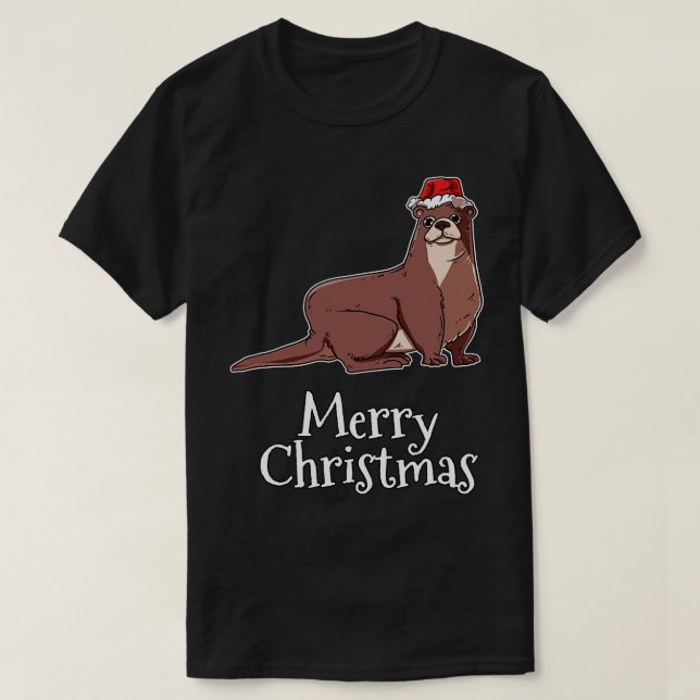 Merry Christmas Otter Santas Hat Sea Otter T-Shirt (Design Front)