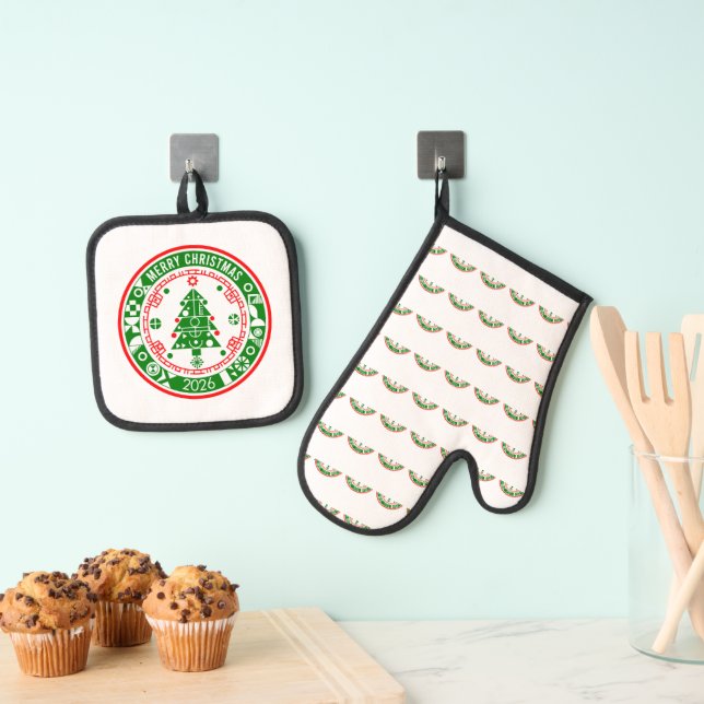 Merry Christmas Oven Mitt & Pot Holder Set (Insitu(Hanging))