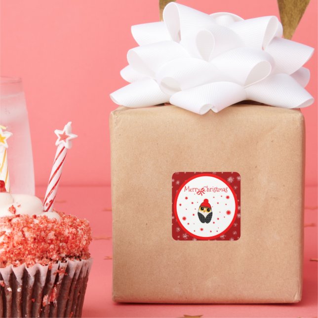 Merry Christmas owl: festive starry pattern Square Sticker (Party)