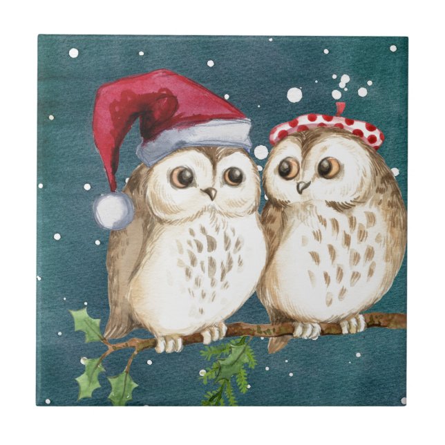 Merry-christmas Owls Ceramic Tile (Front)