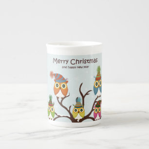 Merry Christmas Owls on the Tree Bone China Mug