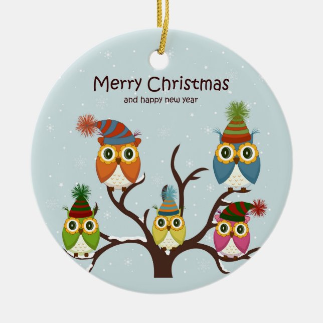 Merry Christmas Owls on the Tree Ornament (Front)