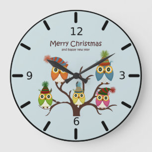 Merry Christmas Owls on the Tree Square Wall Clock