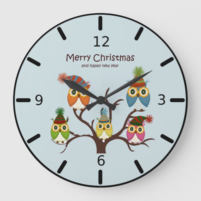 Merry Christmas Owls on the Tree Square Wall Clock (Front)