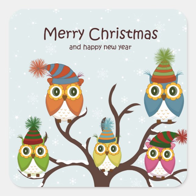 Merry Christmas Owls on the Tree Sticker (Front)