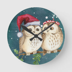 Merry-christmas Owls Round Clock