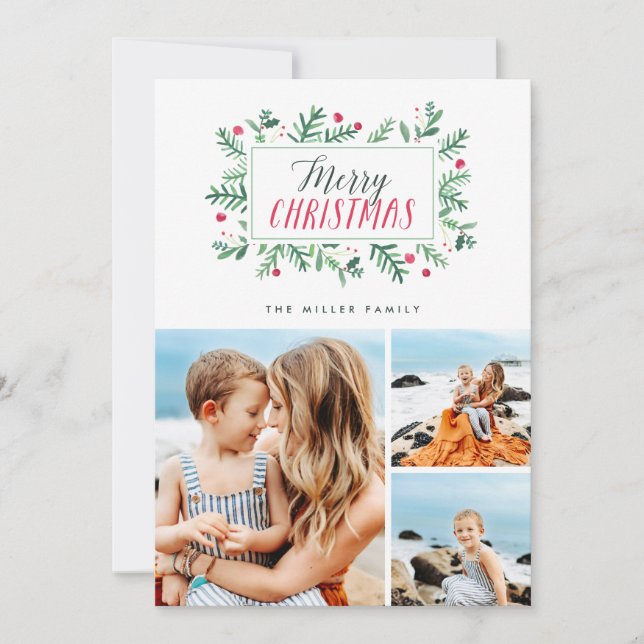 Merry Christmas Painted Botanicals 3 Photo Holiday Card (Front)