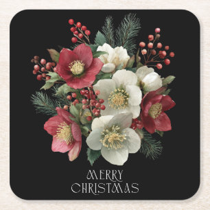 Merry Christmas Painterly Hellebore Holiday Design Square Paper Coaster