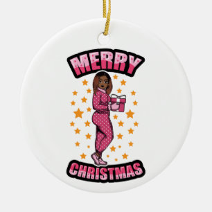 Merry Christmas Pajama Melanin X-mas Sweater Sista Ceramic Ornament