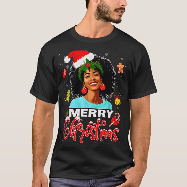 Merry Christmas Pajamas Afro Girls Women &amp; San T-Shirt (Front)