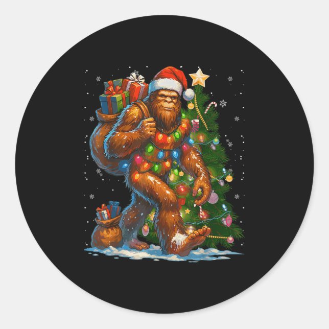 Merry Christmas Pajamas Bigfoot Christmas Tree Lig Classic Round Sticker (Front)