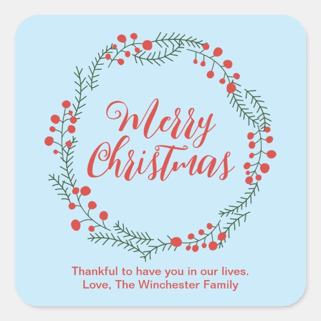 Merry Christmas pale blue red script rustic wreath Square Sticker (Front)