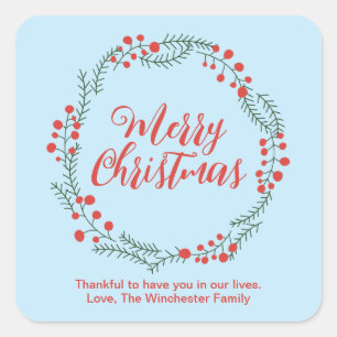 Merry Christmas pale blue red script rustic wreath Square Sticker