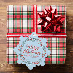 Merry Christmas pale blue red script rustic wreath Tree Decoration Card