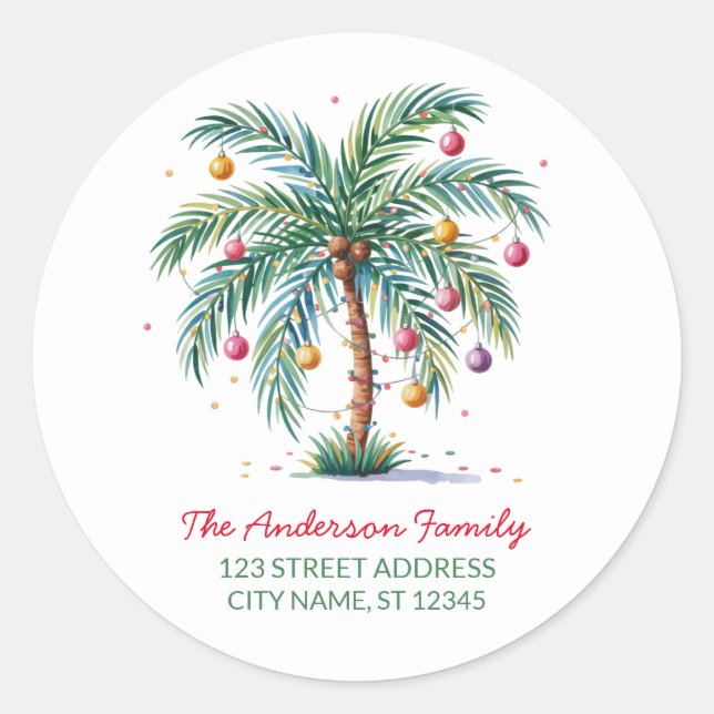 Merry Christmas Palm Tree Light Classic Round Sticker (Front)