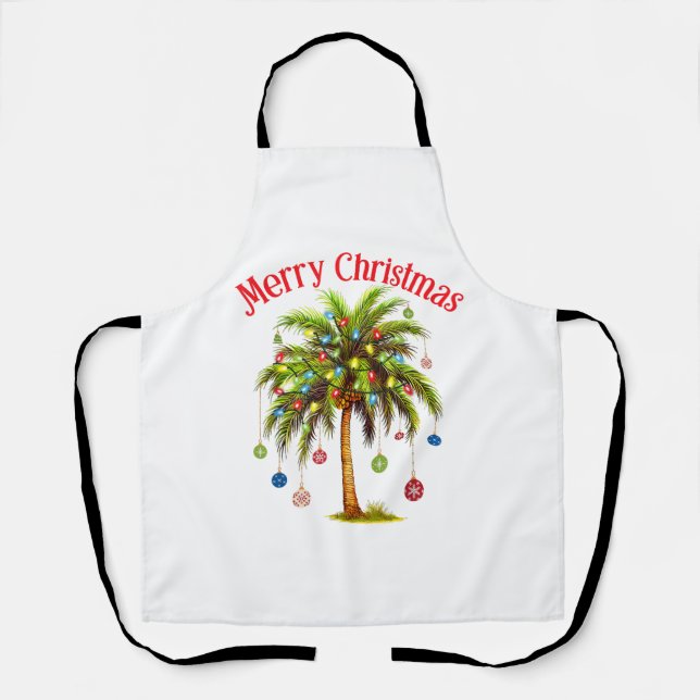Merry Christmas Palm Tree Light Hawaiian Tropical  Apron (Front)