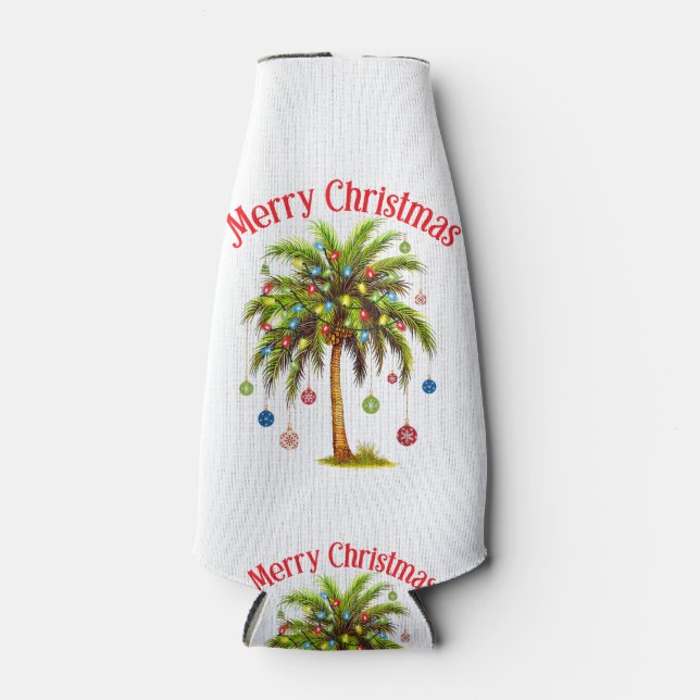 Merry Christmas Palm Tree Light Hawaiian Tropical  Bottle Cooler (Front)