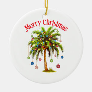 Merry Christmas Palm Tree Light Hawaiian Tropical  Ceramic Ornament