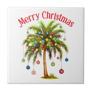 Merry Christmas Palm Tree Light Hawaiian Tropical  Ceramic Tile