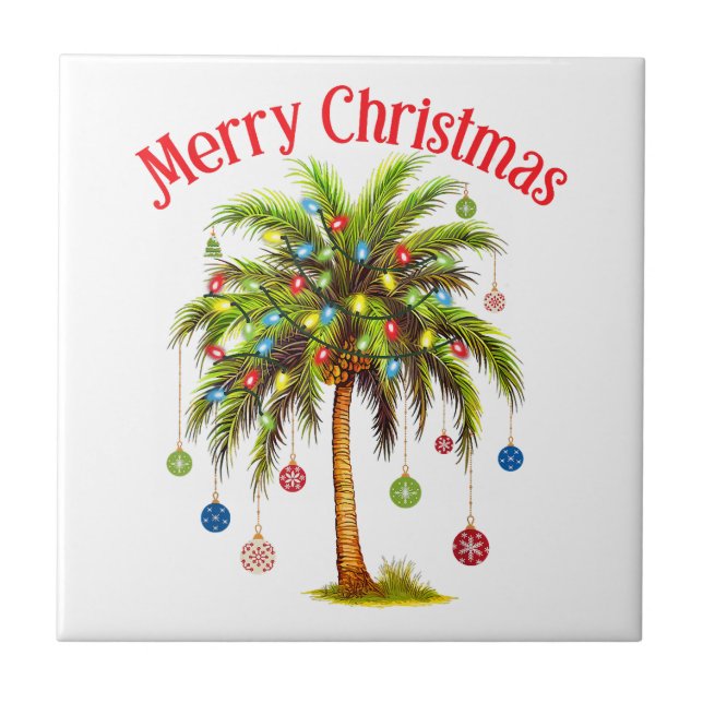 Merry Christmas Palm Tree Light Hawaiian Tropical  Ceramic Tile (Front)