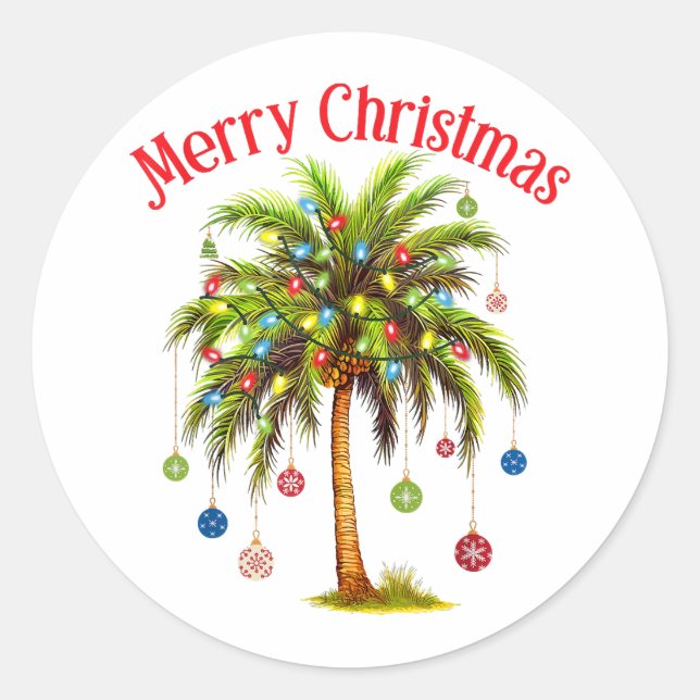 Merry Christmas Palm Tree Light Hawaiian Tropical  Classic Round Sticker (Front)