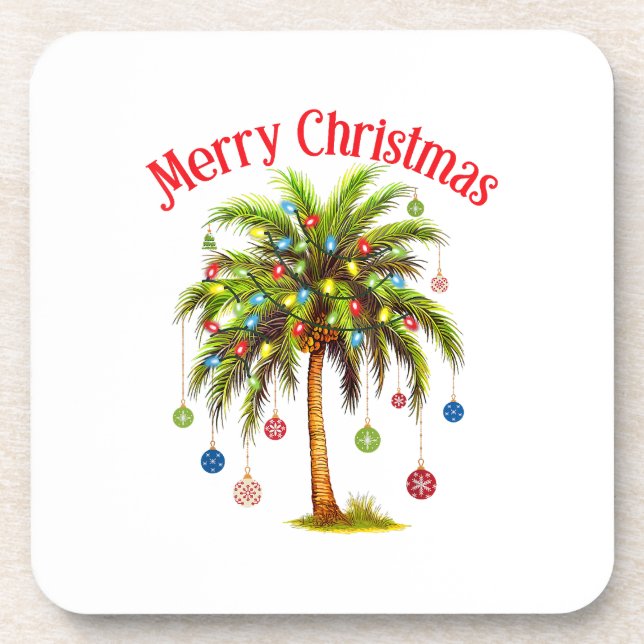 Merry Christmas Palm Tree Light Hawaiian Tropical  Coaster (Front)