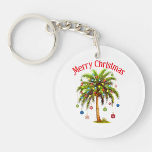 Merry Christmas Palm Tree Light Hawaiian Tropical Key Ring