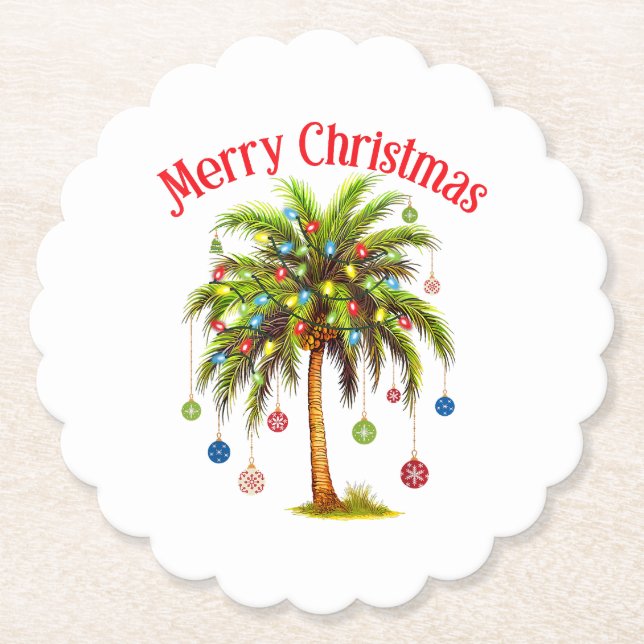 Merry Christmas Palm Tree Light Hawaiian Tropical  Paper Coaster (Front)