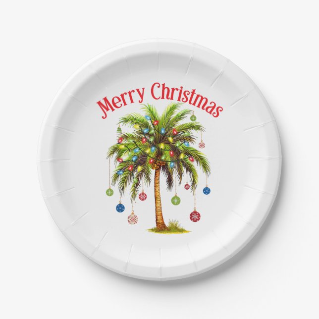Merry Christmas Palm Tree Light Hawaiian Tropical  Paper Plate (Front)