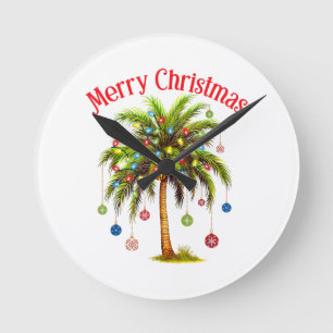 Merry Christmas Palm Tree Light Hawaiian Tropical  Round Clock