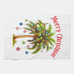 Merry Christmas Palm Tree Light Hawaiian Tropical Tea Towel