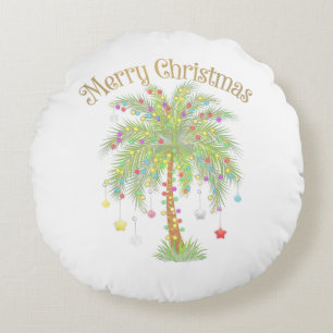 Merry Christmas Palm Tree Light New Year Tropical  Round Cushion
