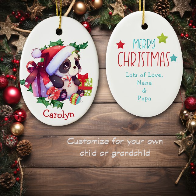 Merry Christmas Panda Bear Kids Christmas Ceramic Ornament (Creator Uploaded)