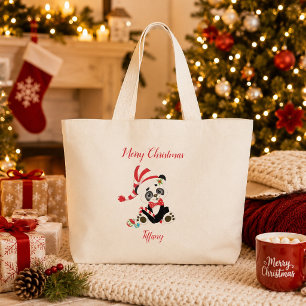 Merry Christmas Panda Bear Large Tote Bag